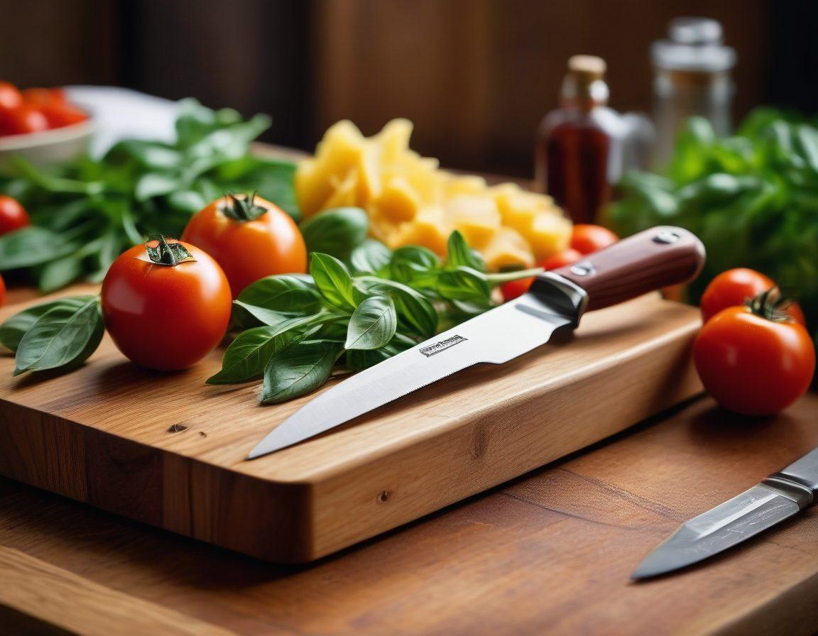 A close-up view of a gleaming Victorinox knife on a wooden cutting board, surrounded by sharpening tools, along with fresh ingredients like herbs and vegetables. The background shows a cozy kitchen ambiance with warm lighting, emphasizing the craftsmanship and quality of the tools. super-realistic. vibrant colors. soft focus.