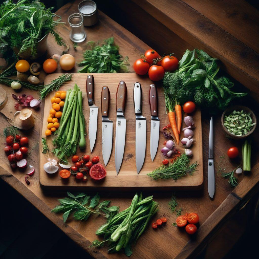 A beautifully arranged display of various Victorinox knives on a wooden cutting board, surrounded by fresh vegetables and herbs, highlighting the elegance and precision of culinary tools. A soft focus on the background showing a cozy kitchen ambiance, with warm lighting reflecting off the blades. emphasize craftsmanship and mastery in cooking. super-realistic. vibrant colors. warm tones.