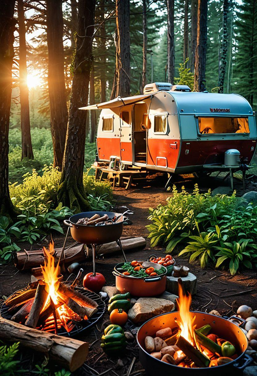 A charming outdoor scene showcasing a Victorinox knife being used by a camper to prepare a meal over a campfire, surrounded by lush forest and a glowing sunset. The knife is prominently displayed, gleaming with precision, while fresh vegetables and herbs lie nearby. Incorporate elements of both kitchen and camping aesthetics to highlight versatility. super-realistic. vibrant colors. nature background.